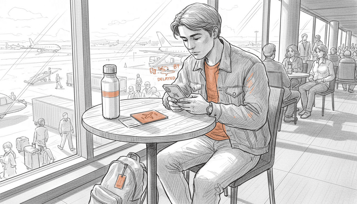 Traveler managing phone at airport lounge