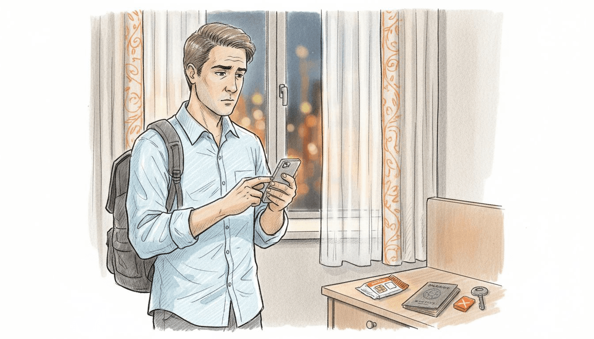Traveler securing phone in hotel room