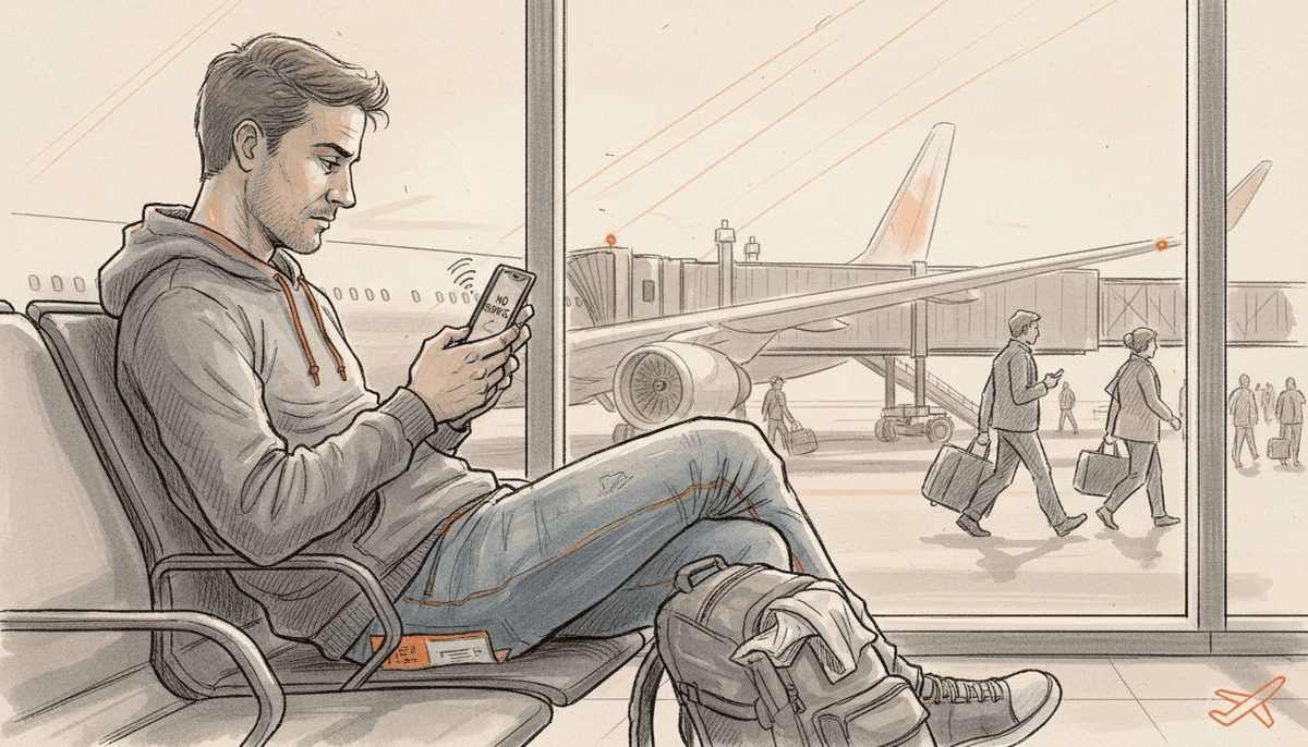 Traveler checks smartphone in airport waiting area
