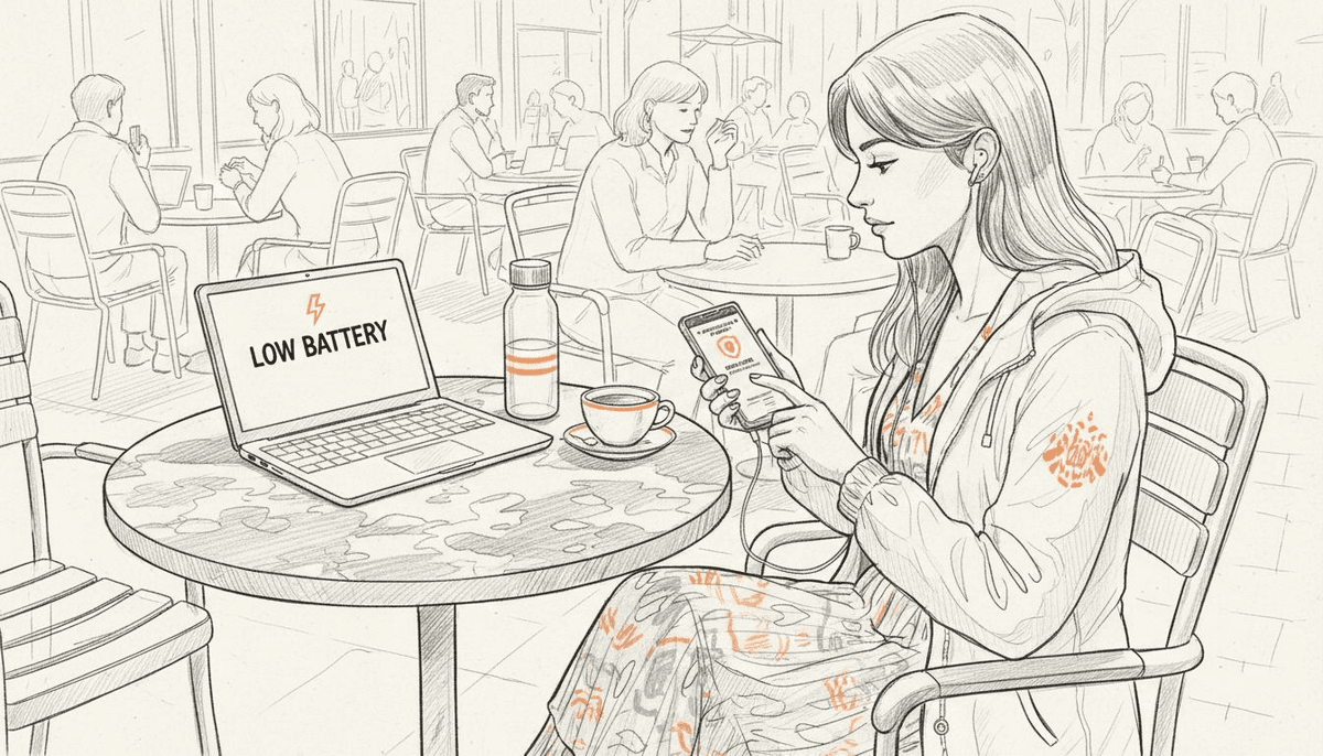 Traveler activates VPN on phone at outdoor café