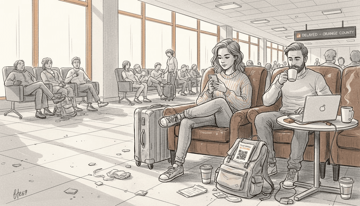 Travelers using mobile data at airport lounge
