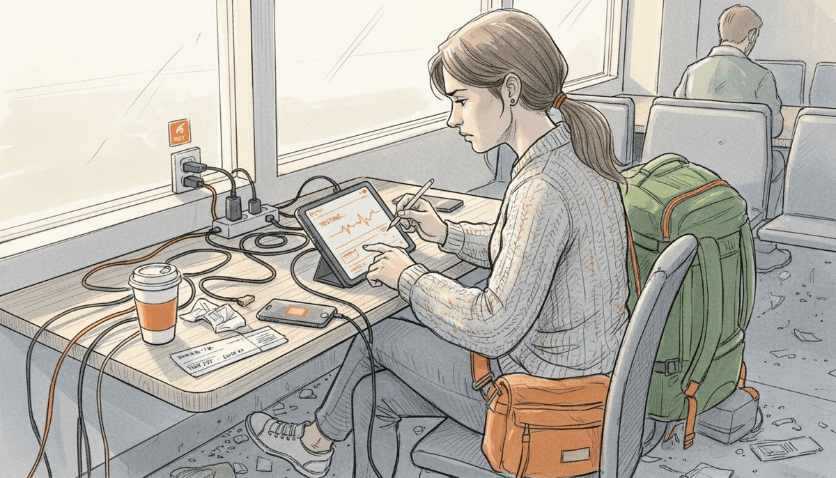 Traveler checking network speeds in airport lounge