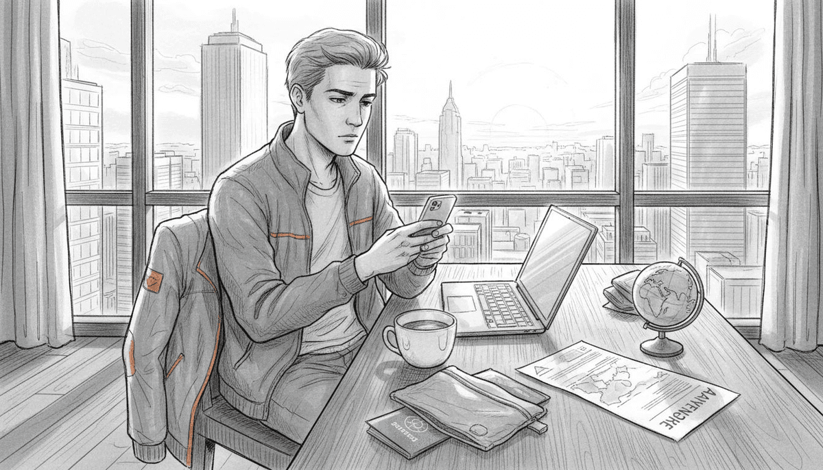 Traveler planning trip with phone and laptop