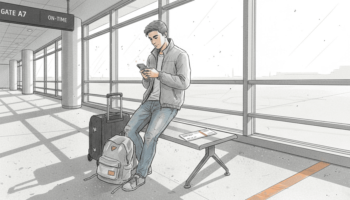 Traveler checking phone at airport gate
