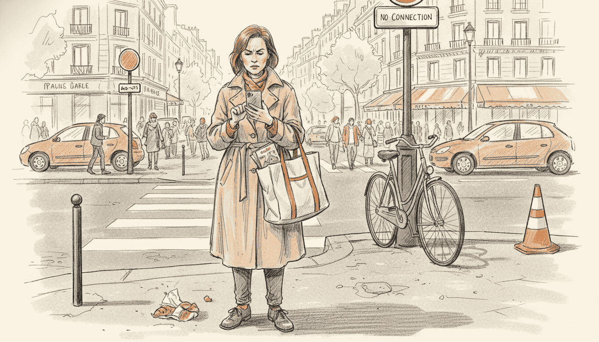 Woman adjusting phone signal abroad