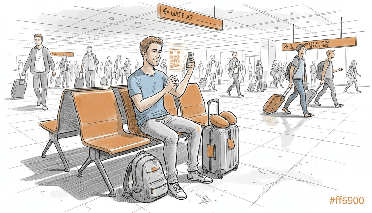 Traveler scans eSIM QR code at airport