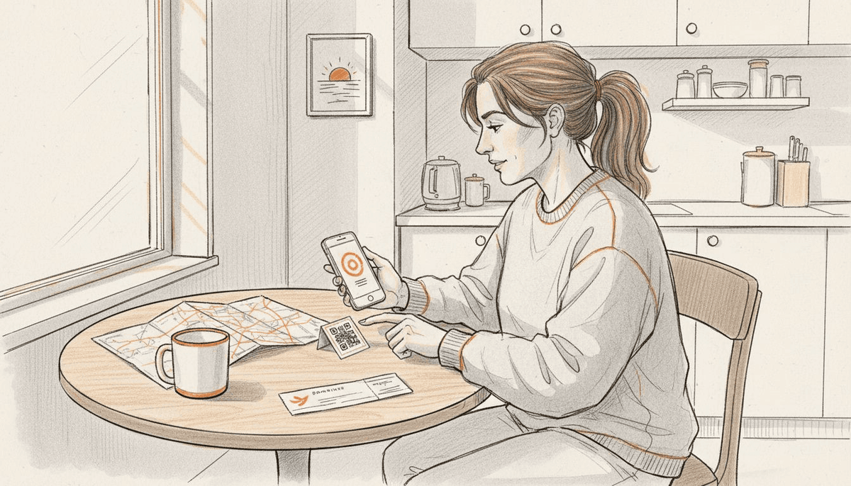 Woman scans QR code at kitchen table