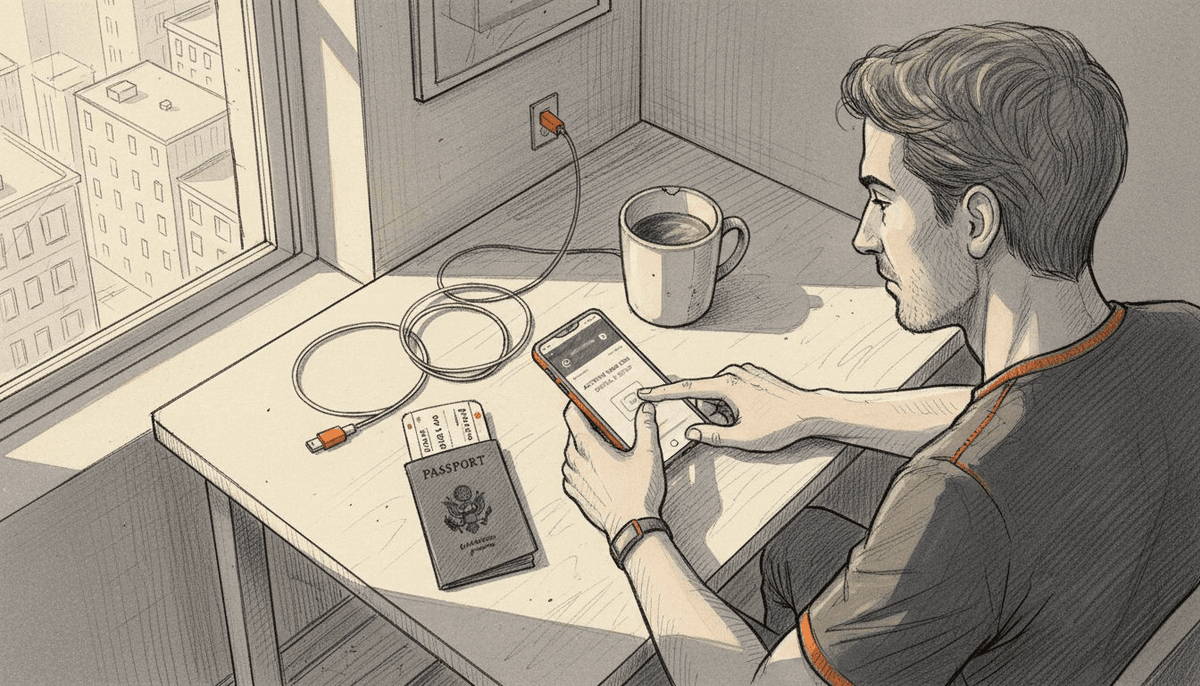 Person activating eSIM on phone at kitchen table