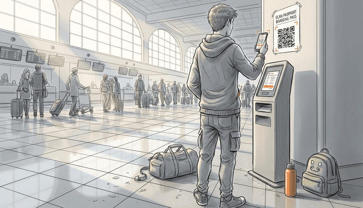 Traveler scanning QR code at airport terminal