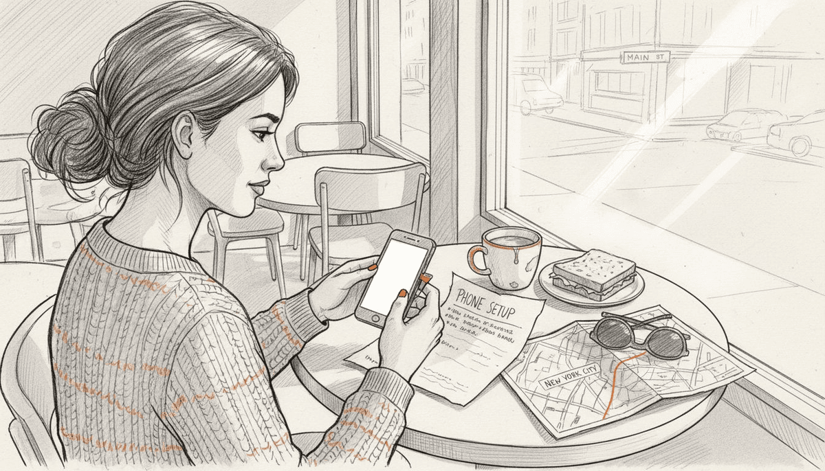 Woman manages eSIM with travel clutter