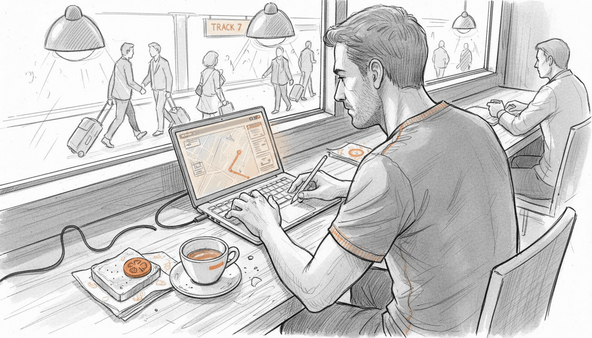 Remote worker in café with laptop and phone