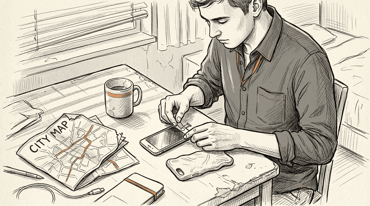 Person inserting SIM card at hotel desk