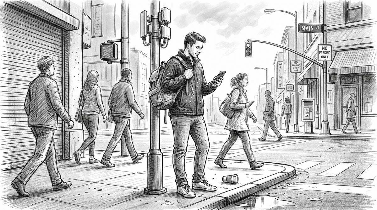 Man using smartphone by 5G small cell in city