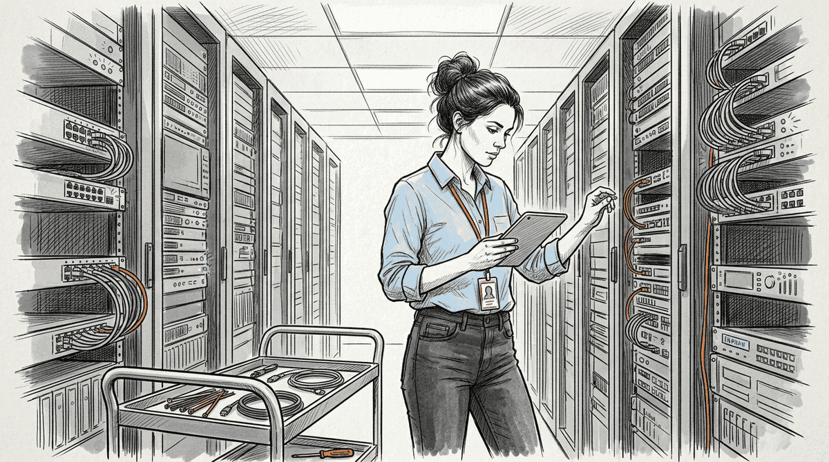Network engineer inspecting data center server racks