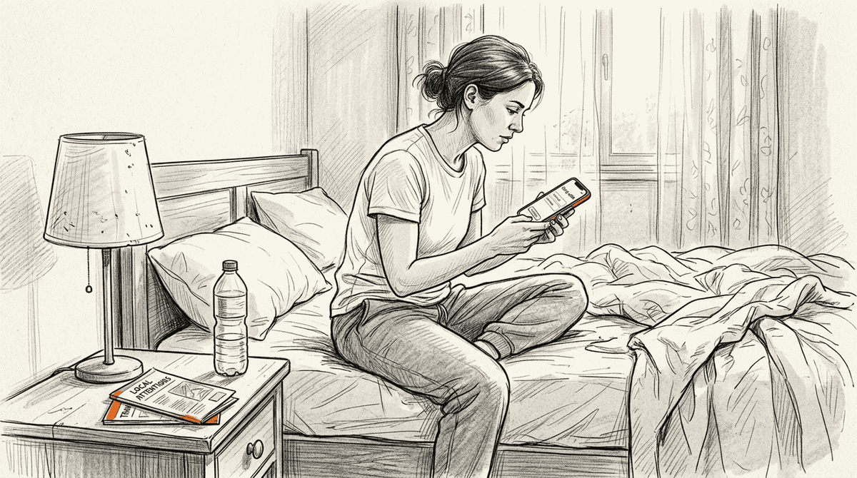 Woman setting up eSIM in hotel room