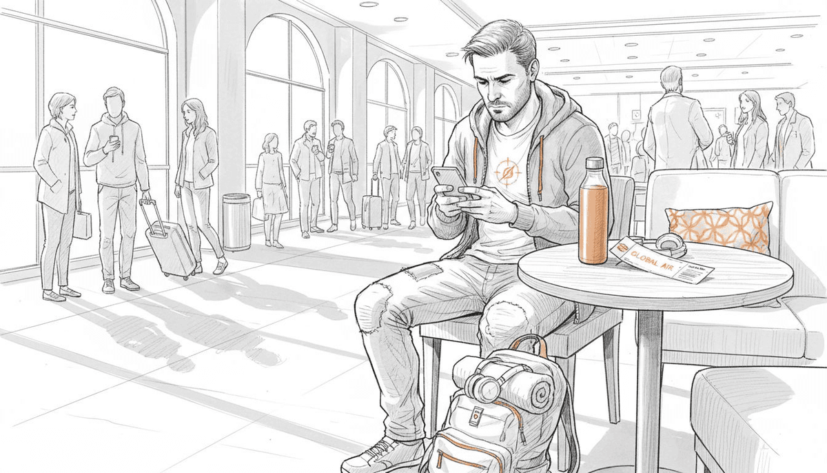 Traveler checking mobile data plan at airport