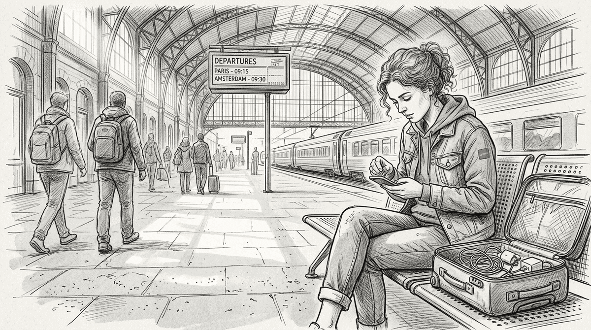 Traveler setting up tech at train station