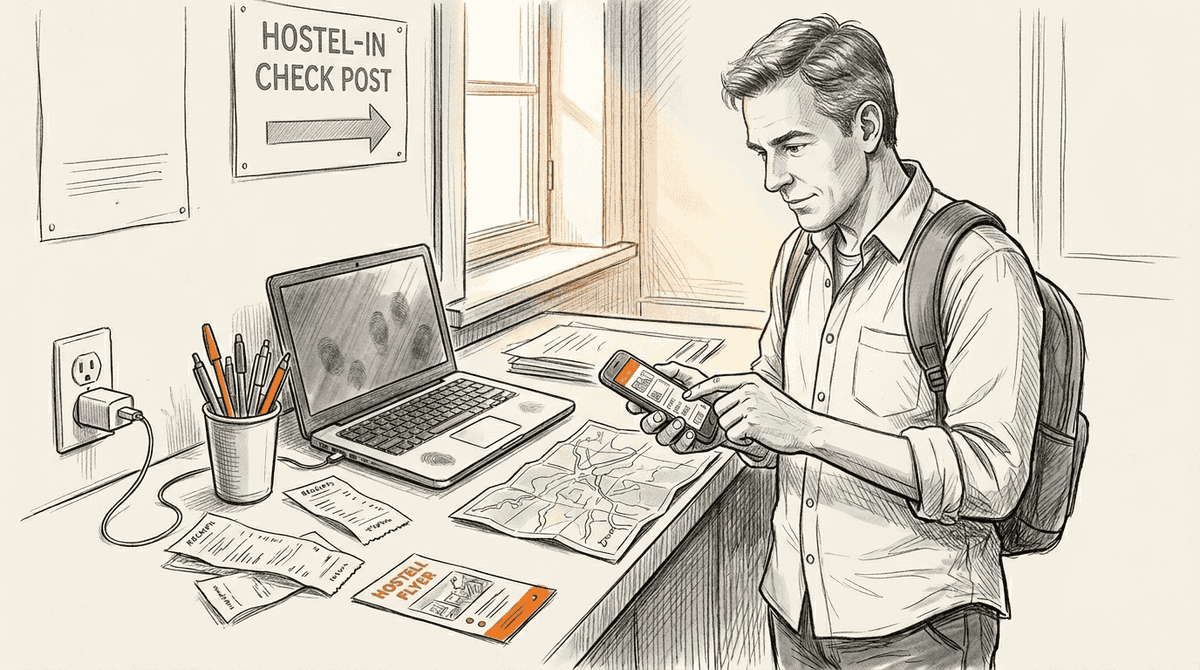 Man comparing mobile plans while traveling
