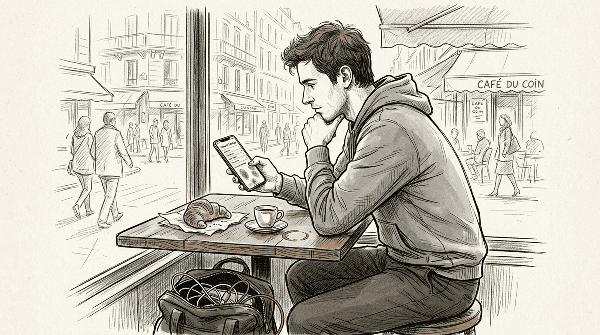 Man reviewing eSIM settings in Paris café