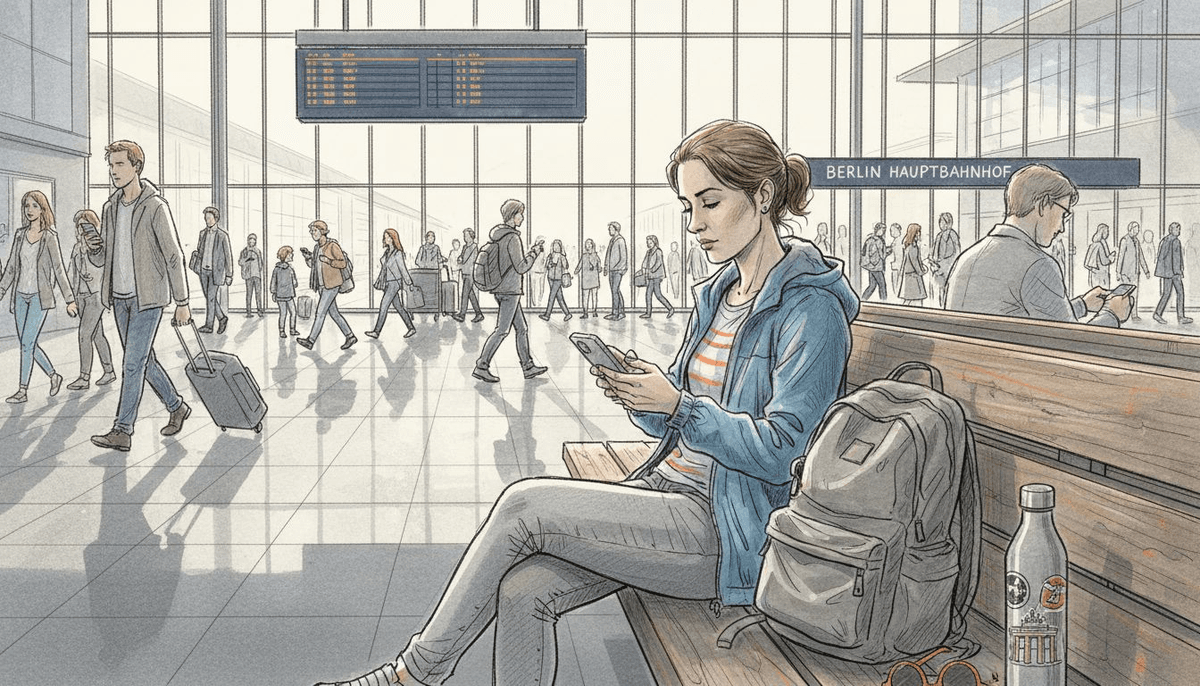 Traveler activating mobile internet at train station
