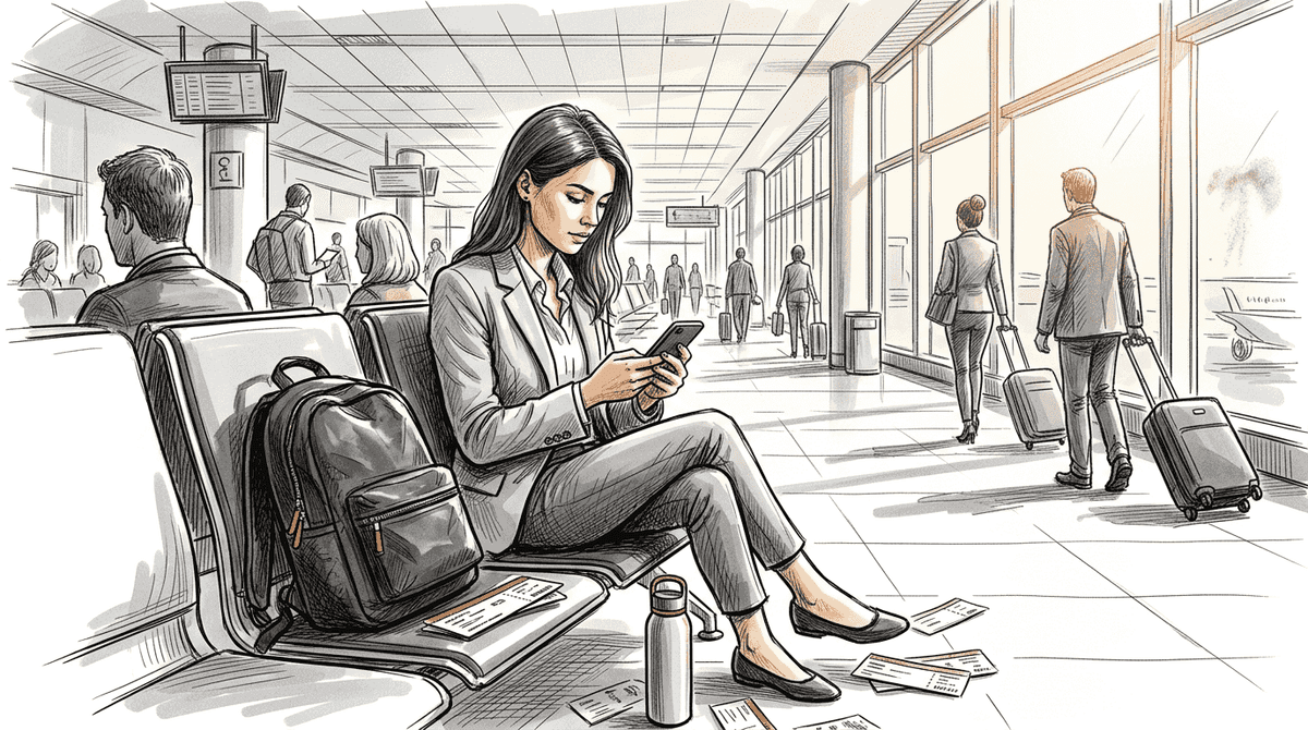 Traveler activating eSIM in airport lounge