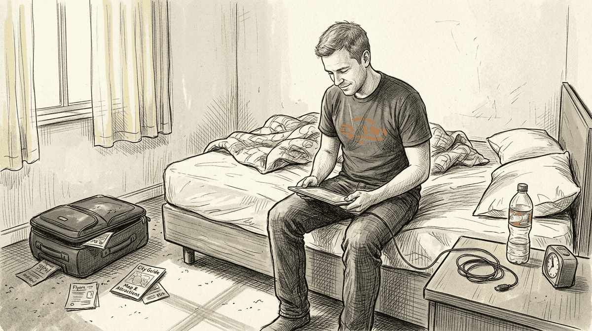 Traveler setting up global data in hotel room