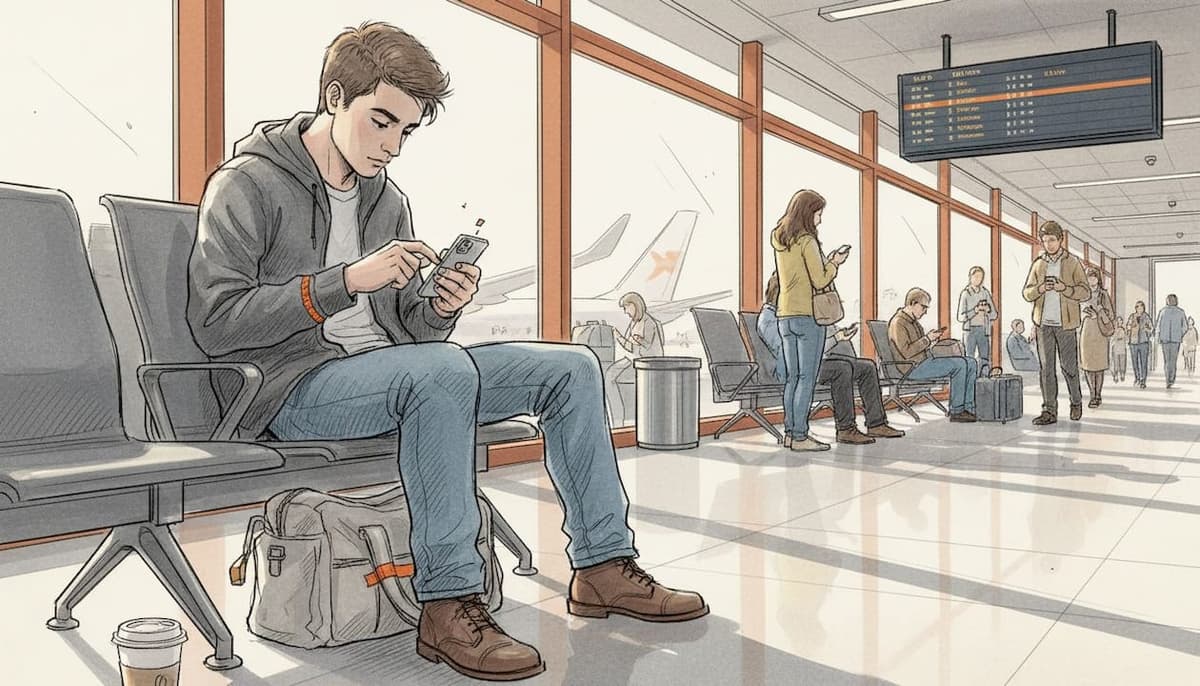 Young traveler handling sim card at airport