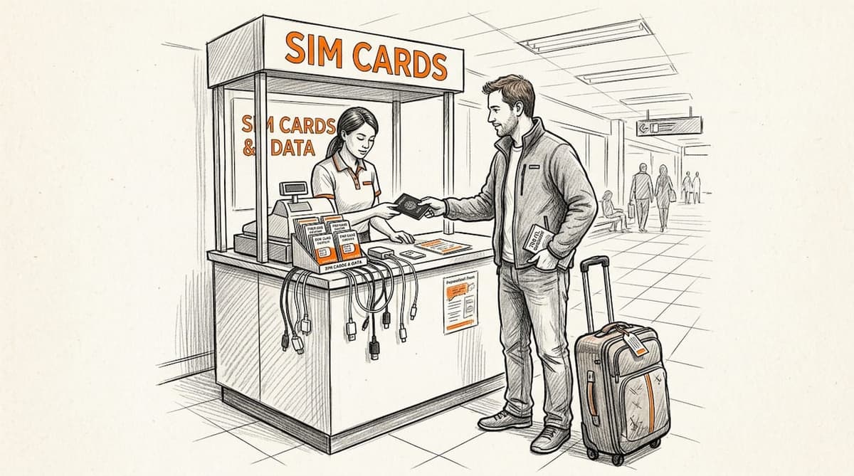Traveler purchasing SIM card at airport kiosk