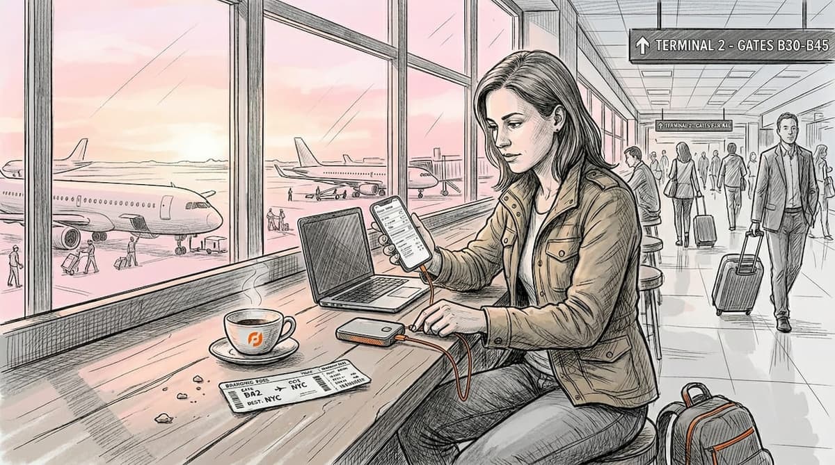 Traveler managing devices at airport table