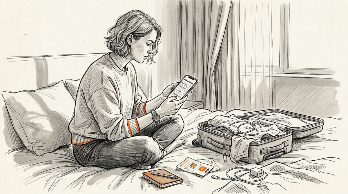 Woman activating eSIM in hotel room
