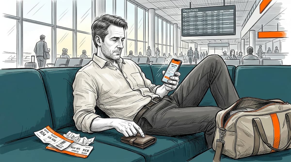 Man checking eSIM options in airport lounge