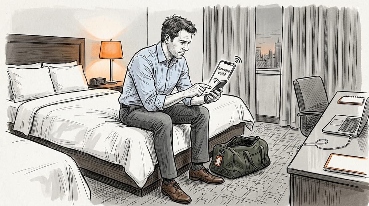 Business traveler sets up eSIM in hotel room