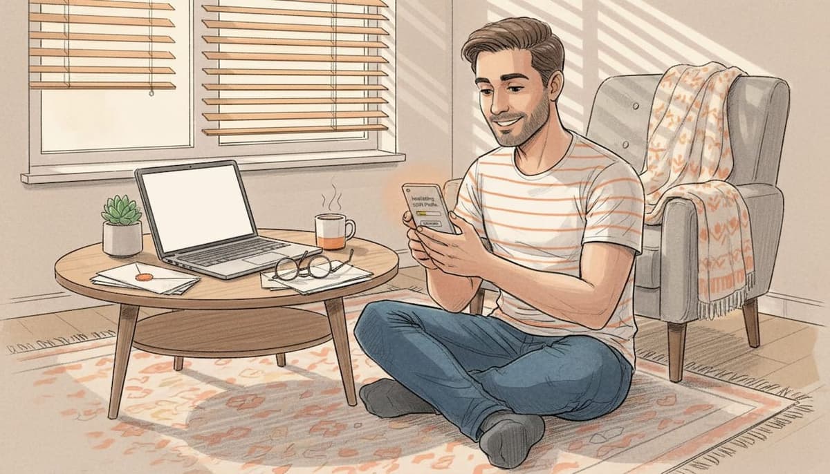 Person activating eSIM in casual living room