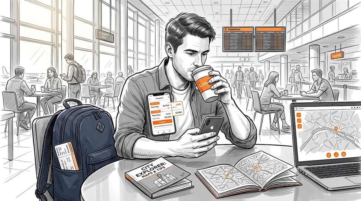 Traveler compares eSIM options in busy airport café