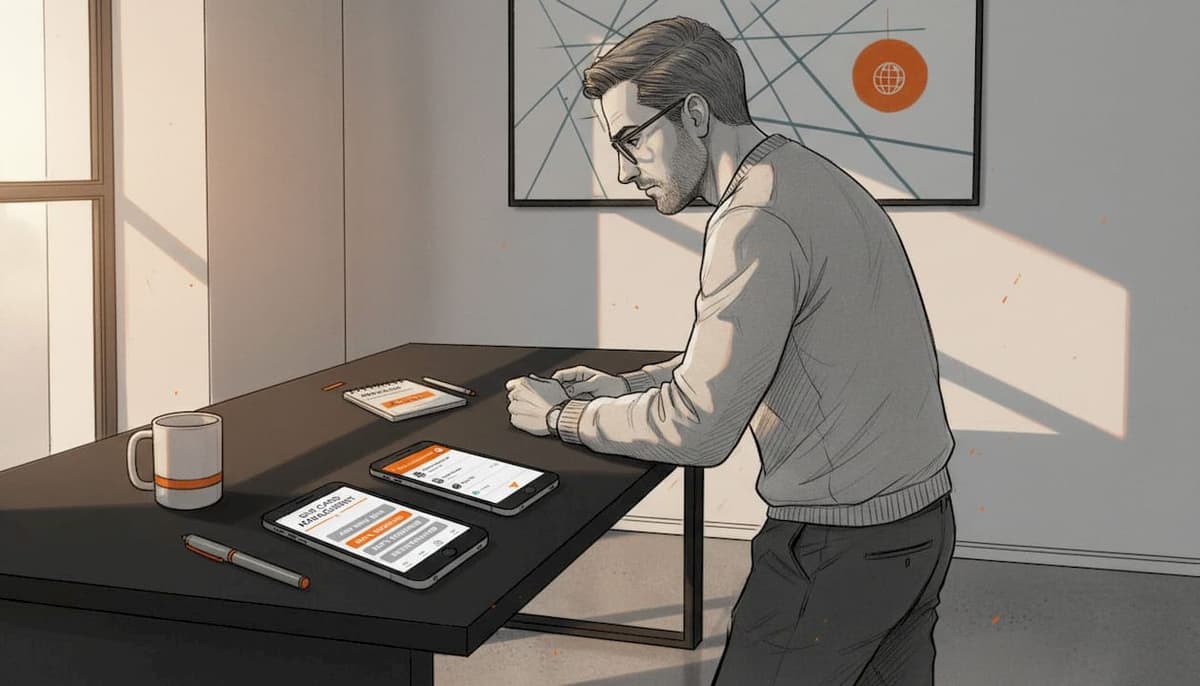 Man managing dual SIM phones at home office desk