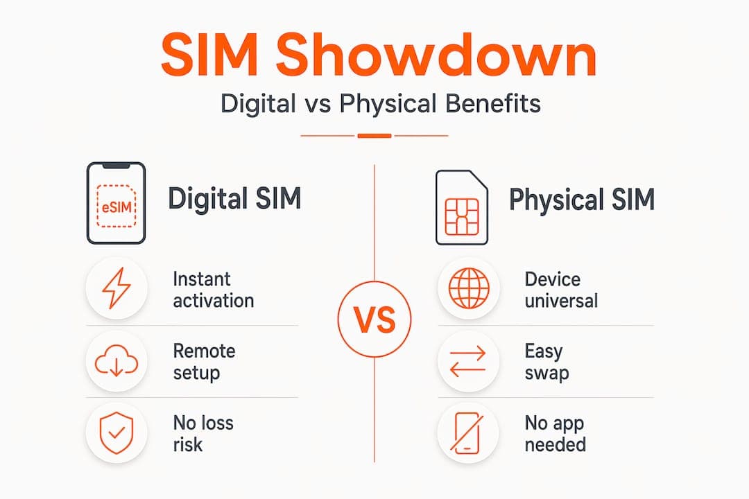 Infographic comparing digital and physical SIM benefits side by side