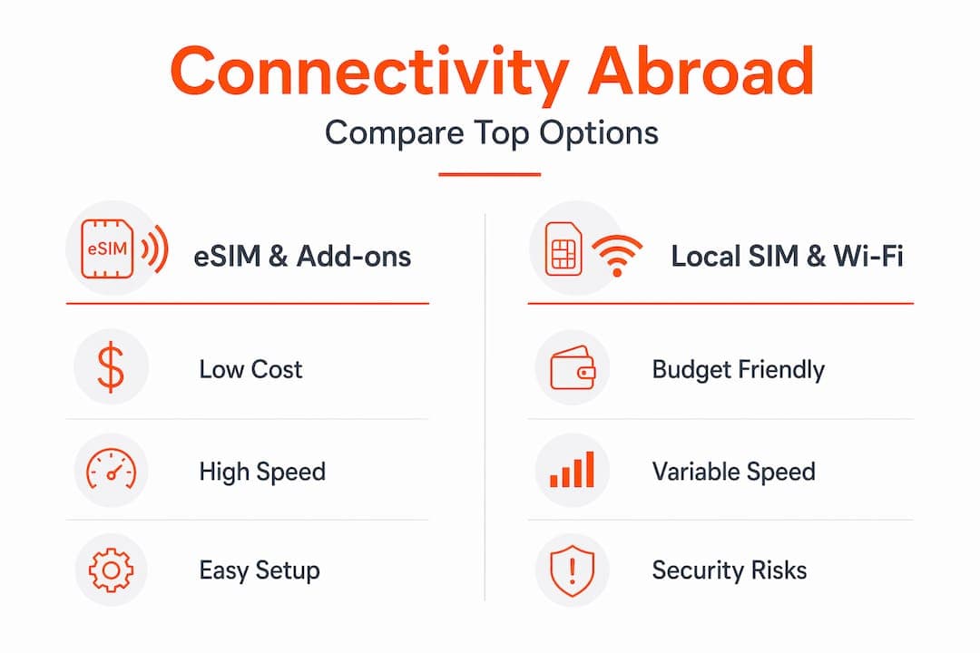 Infographic comparing eSIM, SIM, and Wi-Fi options