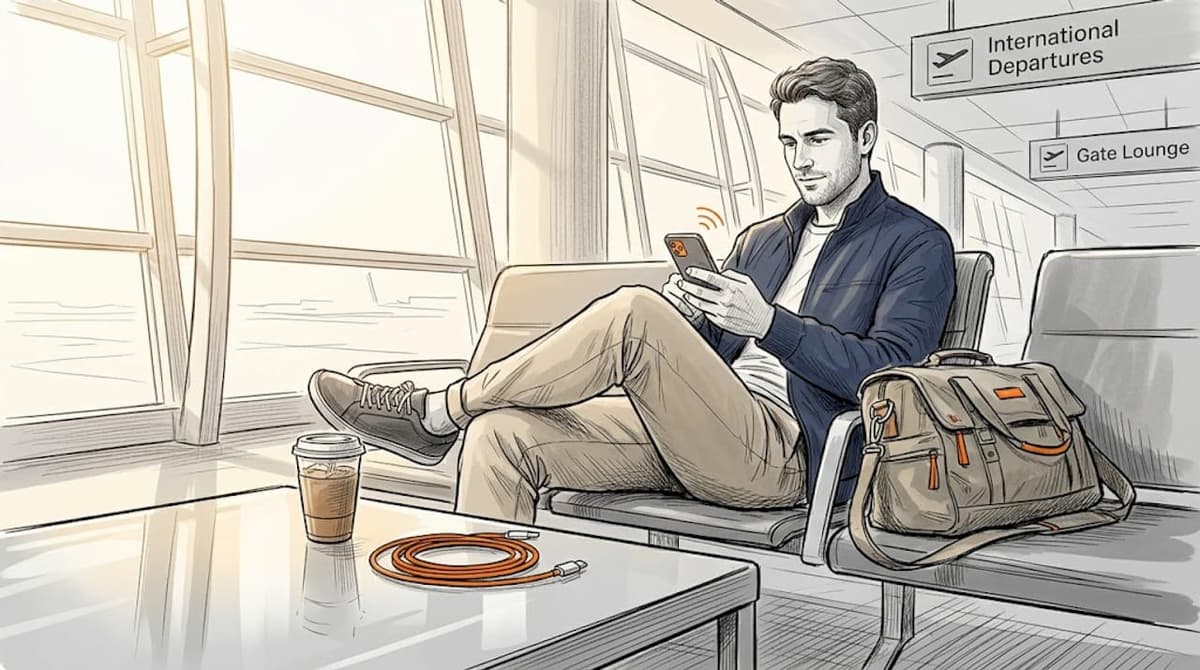 Traveler checks smartphone in bright airport lounge