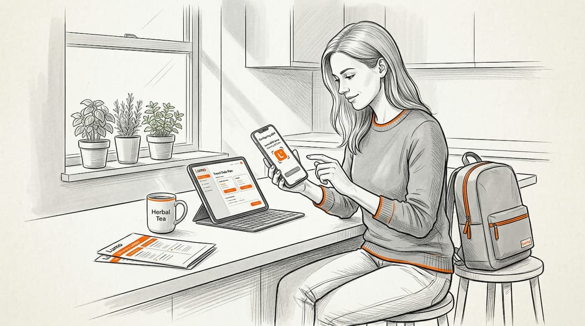 Woman setting up eSIM at kitchen table