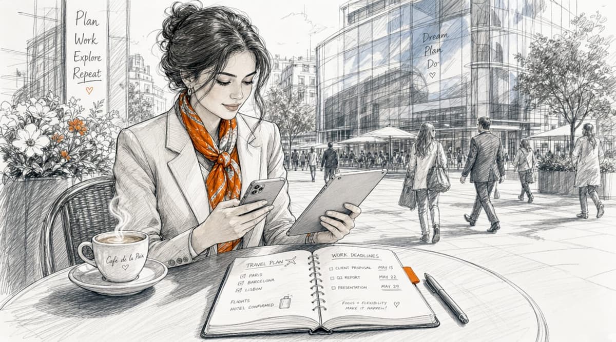 Woman using mobile devices outdoors at airport cafe
