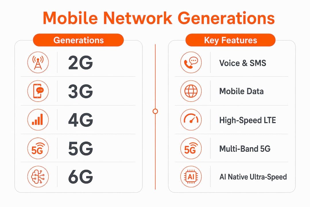 Infographic comparing mobile network generations and features