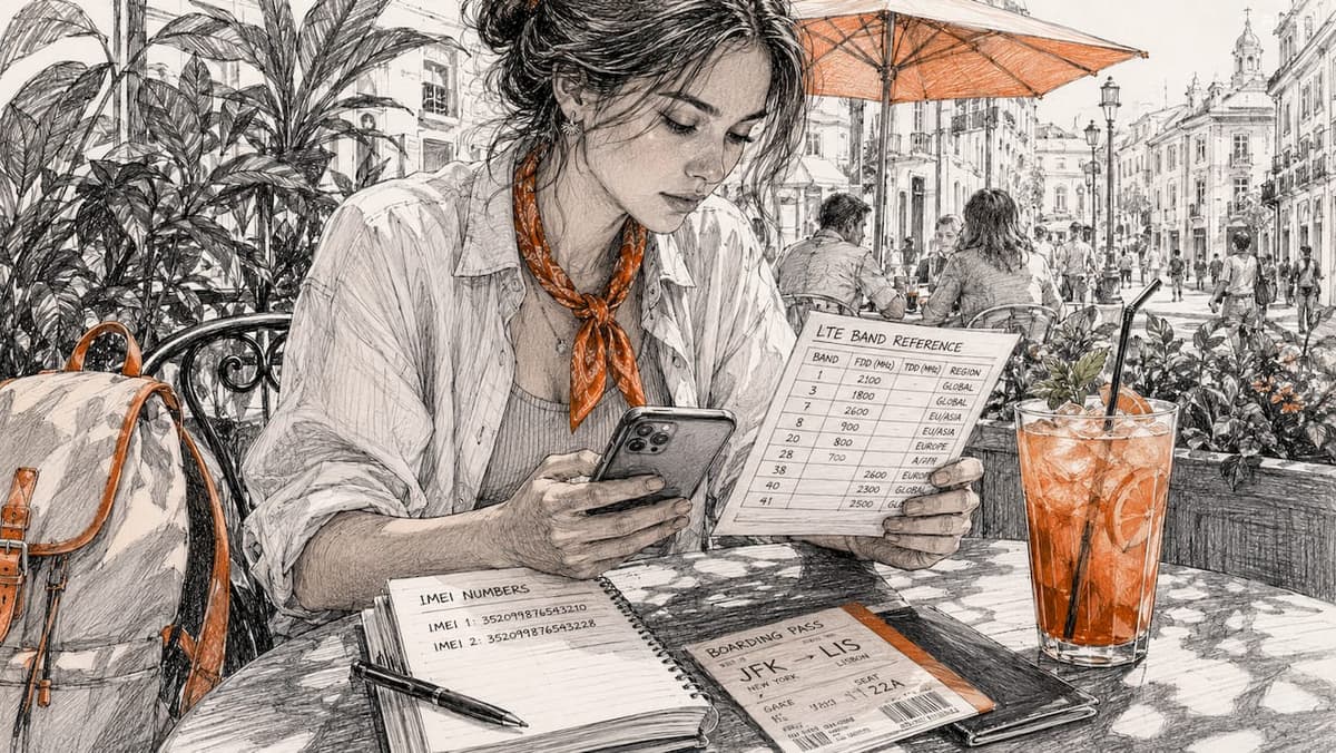 Traveler checking phone network compatibility at airport