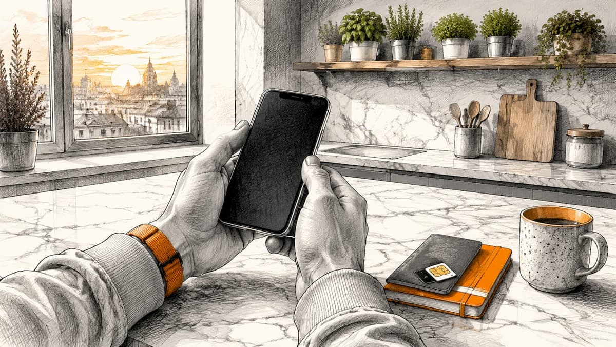 Hands holding smartphone preparing eSIM activation