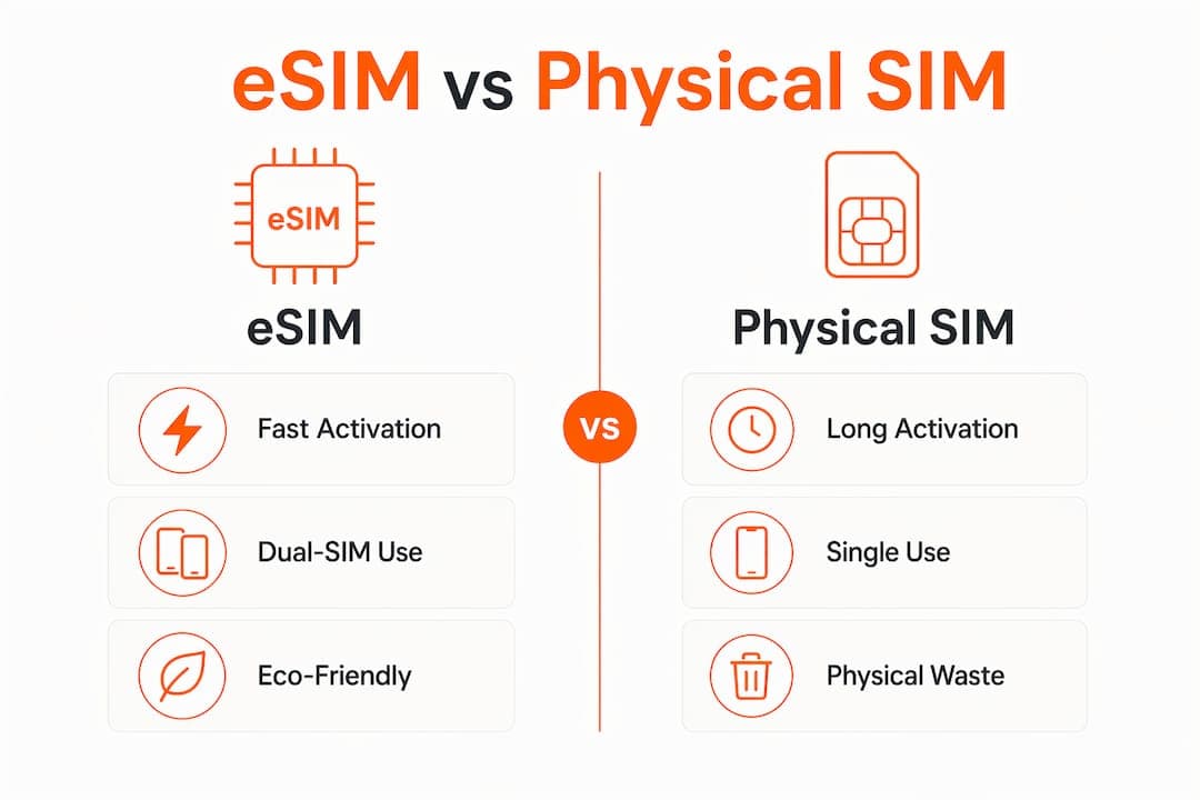 Comparison infographic of eSIM and physical SIM features
