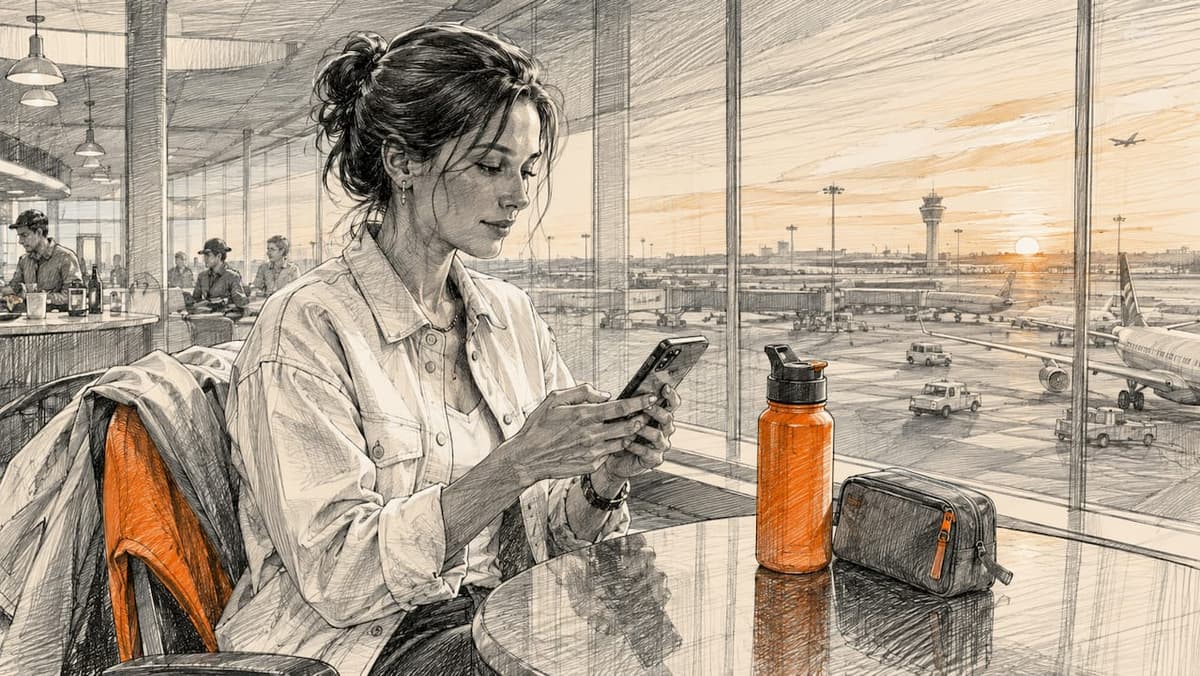 Traveler checking mobile data plan on smartphone