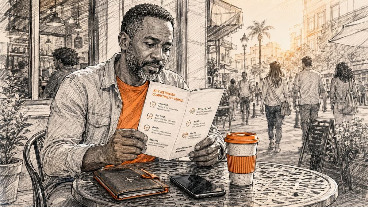 Traveler reading network compatibility brochure at café