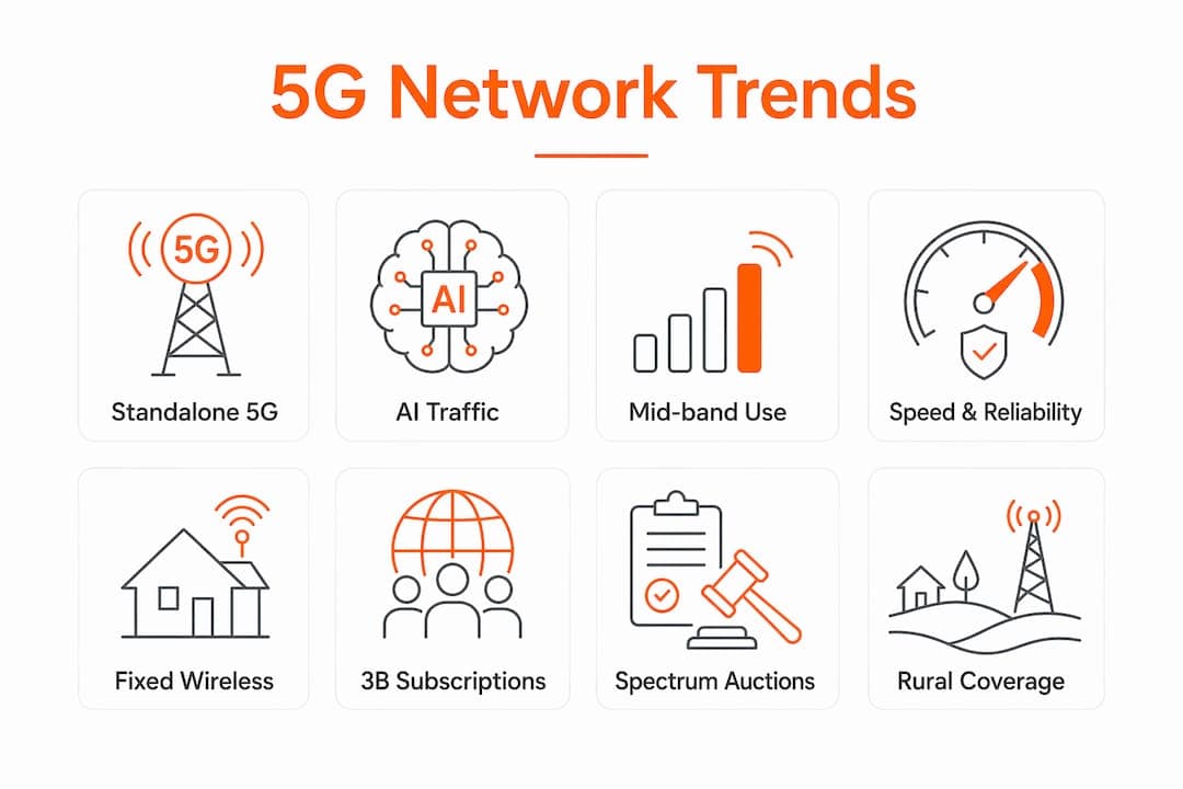 Infographic showing key 5G network trends in 2026