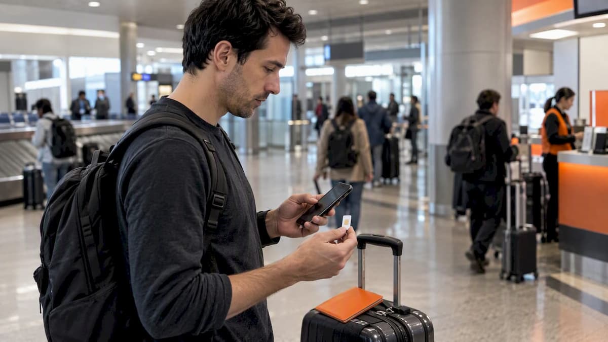 Traveler comparing phone and physical SIM