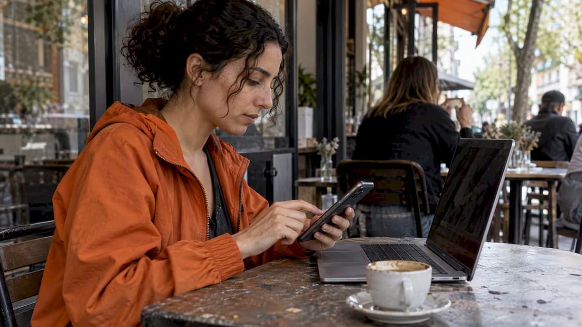 Traveler checks phone hotspot beside laptop