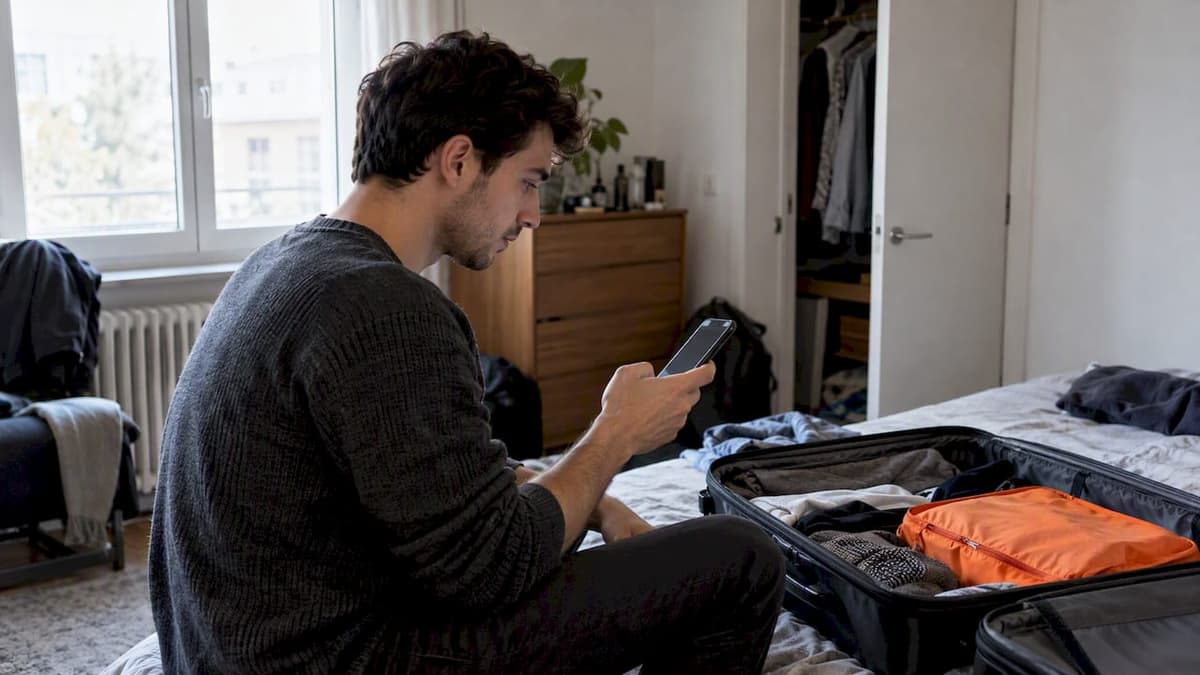 Traveler checks phone before packing